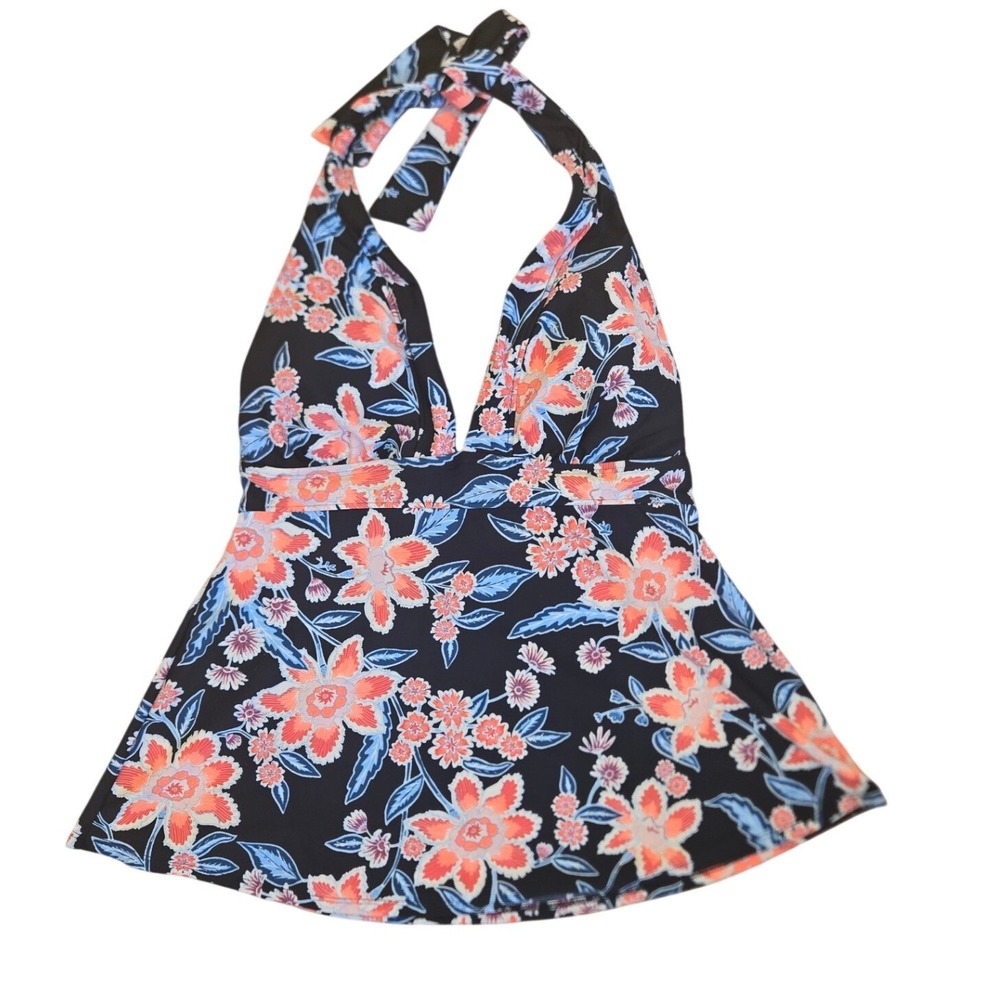 Old Navy Tankini Swim Top Halter Black Coral Floral Tropical Beach V-Neck Medium